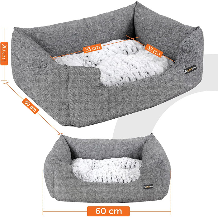 Feandrea Luxus Dog Bed, XL, Dog Cushion, made of Oxford fabric, with a non-slip bottom, 100 x 70 cm PGW28H (L 60 x W 50 x H 20 cm, Grey)