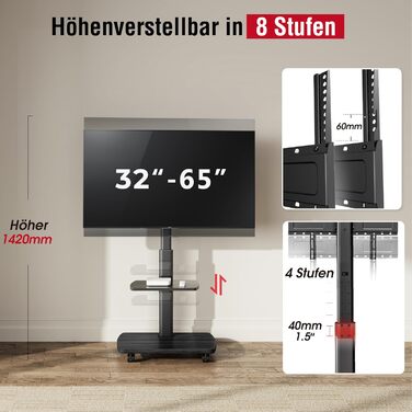 AOKCOS Rolling TV Stand with Wood Shelf - Adjustable Height & Swivel - Fits 32-65 inch TVs (up to 40kg, VESA 400x400mm)