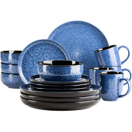 MÄSER Filippa: 16-Piece Ceramic Dinner Set for 4 - Modern Blue & Black Reactive Glaze Stoneware