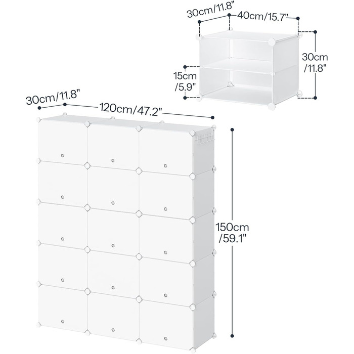 HOOBRO Shoe Rack with 8 compartments, shoe cabinet, for 32 pairs of shoes, 40 x 30 x 30 cm per compartment, narrow, with doors, plastic, for living room, bedroom, hallway, entrance, White EWT28SC01G1 (15 compartments, 120 x 30 x 150 cm), White)