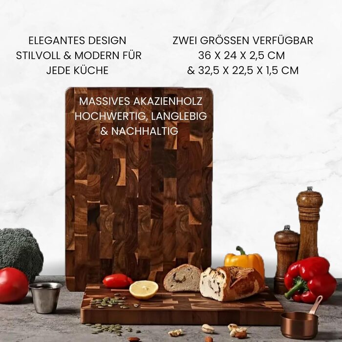 Messerglück® Premium Cutting Board made of solid Acacia wood - Antibacterial wood & dishwasher-safe - Ideal kitchen board for hobby and professional chefs - 36 x 24 x 2.5 cm