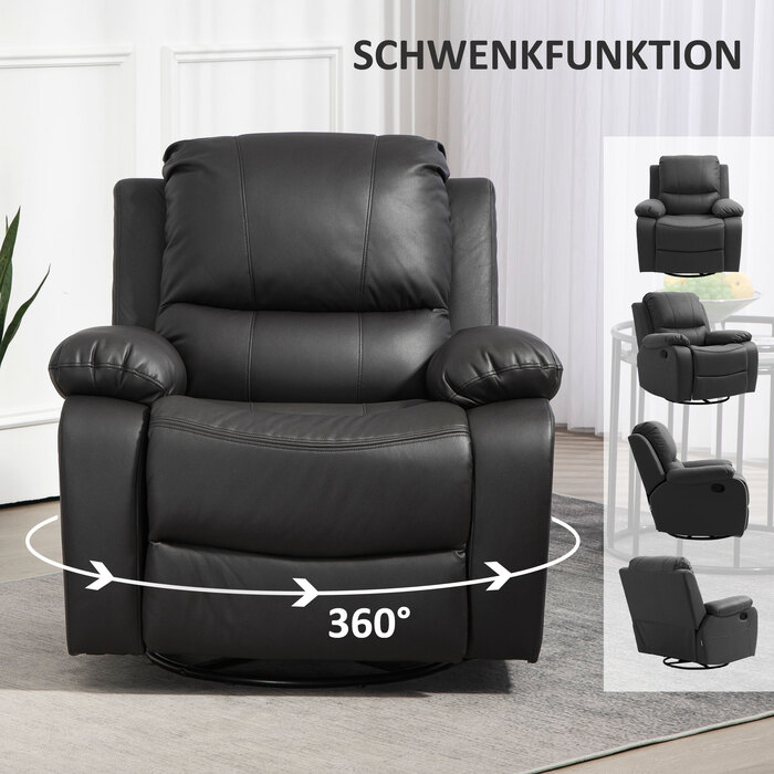 HOMCOM Recliner Chair with Adjustable Backrest & Footrest, Swivel, Up to 150 kg (220 lbs), Steel Frame, 36.6 x 39.4 x 30.7 inches, Black