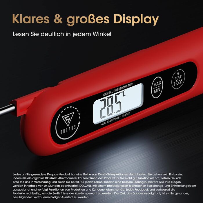 Цифровий кухонний термометр DOQAUS для м'яса, приготування, випікання та гриля. Швидка реакція, LCD екран, автовимкнення (червоний)