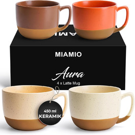 MIAMI – Set of 4 Ceramic Latte Cups (450 ml) – Elegant, modern coffee cup set for cafe, tea, hot chocolate – Dishwasher & microwave safe – Aura Collection