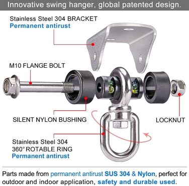 BeneLabel 2-Pack Heavy-Duty Ceiling Hook, Hammock Attachment, Stainless Steel 360° Swivel Hanging Chair Suspension Silent Bushing Screw for Wooden Beams/Concrete Ceilings Yoga Punching Bag Ceiling Bracket, Up to 726kg