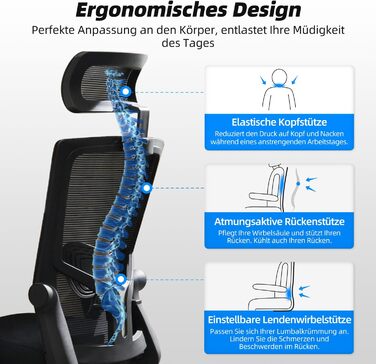 Ергономічне офісне крісло Daccormax з регульованою підтримкою голови та попереку, сітчасте, до 150 кг, темно-сіре