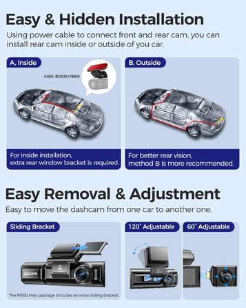 Відеореєстратор AZDOME M550 MAX 4K+ з двома камерами, WiFi, GPS, нічне бачення, паркувальний режим, 64GB SD, WDR, G-сенсор, 3.19”