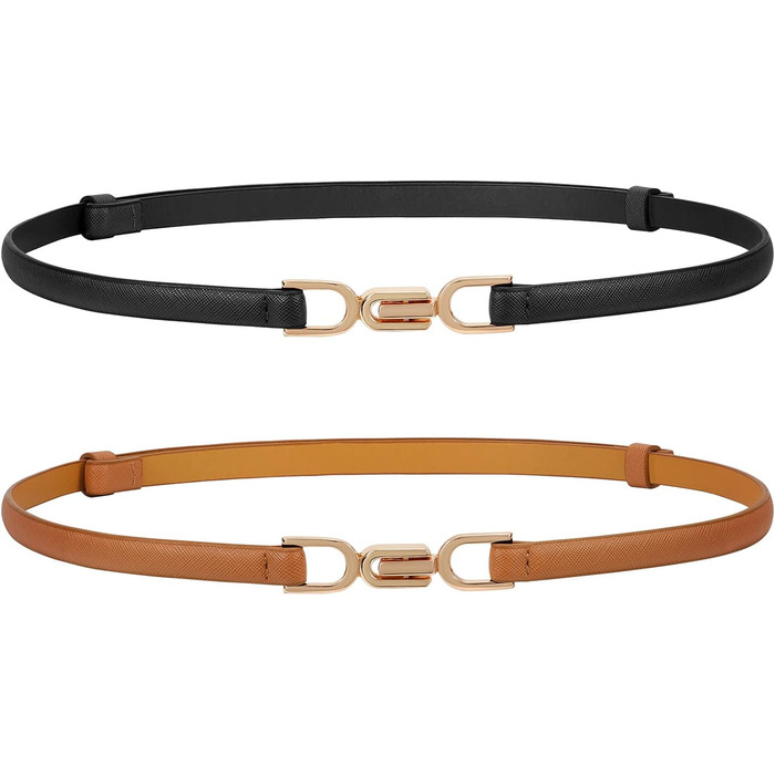 Жіночі тонкі ремені WHIPPY (2 шт) - чорний + коричневий, 105 см, для талії до 95 см. Тонкий шкіряний ремінь з металевою золотистою пряжкою. Підходить до суконь та іншого одягу.