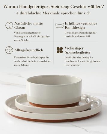 MALACASA Набір посуду з каменю 6 осіб, 18 предметів: тарілки, миски, керамічний сервіз з глазур'ю 