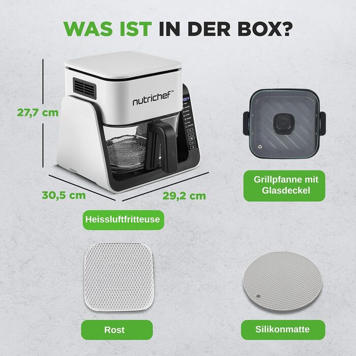 Фритюрниця NutriChef з подвійною камерою, 8л, Airfryer, з вікном, 360°C, 9 програм, антипригарне покриття, миється в посудомийній машині, для смаження, гриля та випікання, 1700W