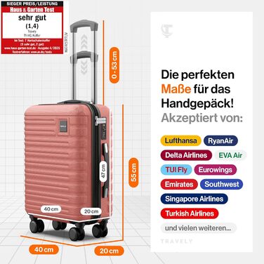 Чемодан ручної поклажі Travely Premium 55x40x20cm, 36L, Roségold (рожеве золото) з TSA замком та плавними колесами, підходить для Ryanair, Lufthansa, Eurowings