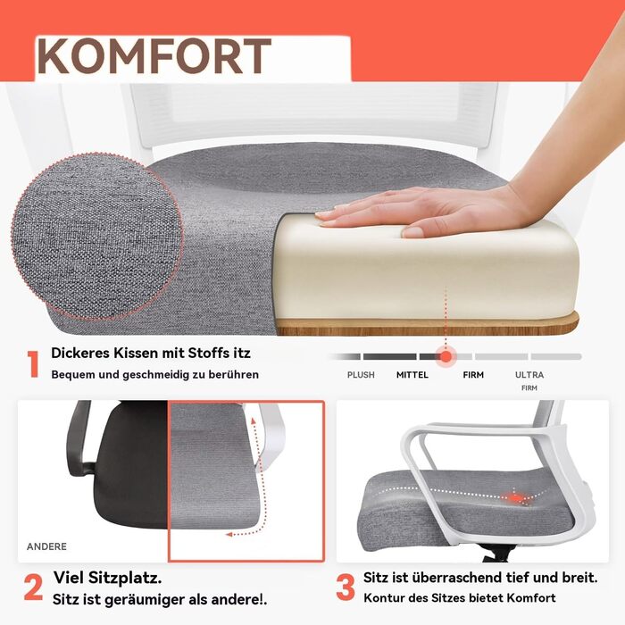 Ергономічне крісло для офісу, регульовані підлокітники, 3D-підголовник та поперекова підтримка, функція гойдання та нахилу (білий та чорний)