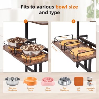 Підвищена годівниця для собак з місцем для зберігання та двома антиковзними килимками, для великих собак, регульована висота, настінний монтаж, колір вінтажний коричневий