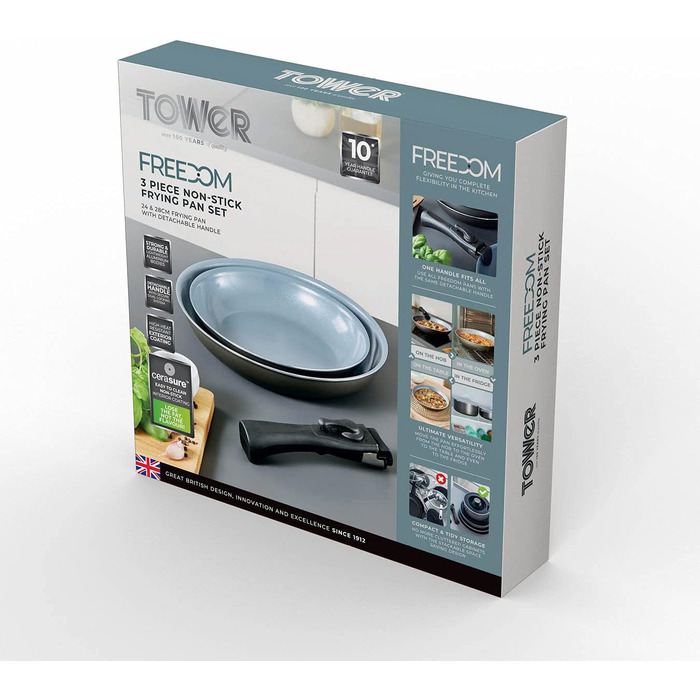 Набір посуду Tower Freedom T800203/T800202: 3 шт., керамічне покриття, знімний ручка, графіт, алюміній, сірий (24 та 28 см)