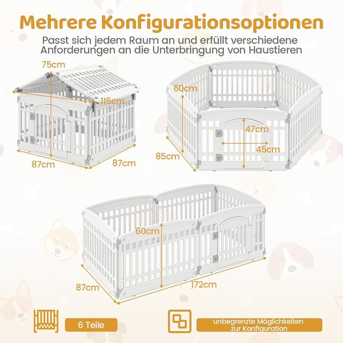 Лягу для цуценят COSTWAY, розкладний вольєр для собак з 6 панелями та замкненою дверима, 60 см, вольєр для собак на вулиці/в приміщенні, білий
