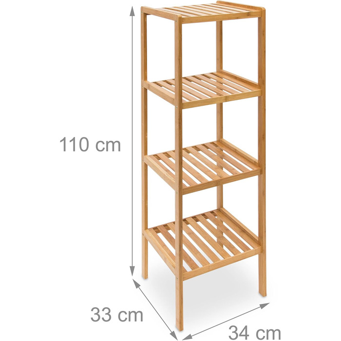 Relaxdays Bamboo Shelf, Standing Shelf for Bathroom & Kitchen, Bamboo Shelf with 4 Open Shelves, WHD 110 x 34 x 33 cm, Natural, Brown