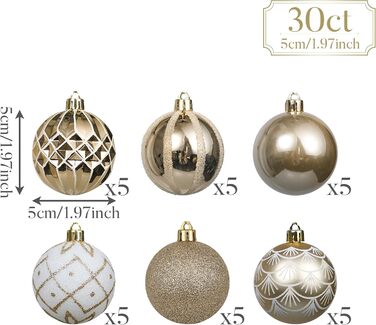 Елегантні новорічні кулі Valery Madelyn 30 шт., 5 см, біло-золоті, пластикові, з підвісками для прикраси ялинки та декору