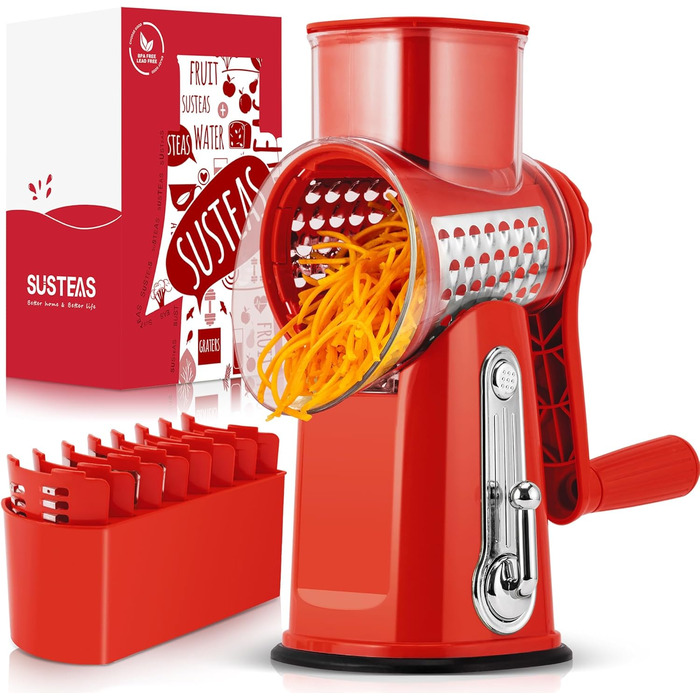 Ручна тертка для овочів Steaseas з ручкою - тертка для сиру, овочів, горіхів з 5 насадок, потужним присоском, контейнером для лез (червона)