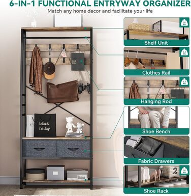 YITAHOME Entryway Storage Bench with Shoe Cabinet, Freestanding Mudroom Bench with Bank and 2 Folding Drawers, Industrial Coat Rack with 8 Hooks for Entryway Living Room Bedroom, Metal Frame, Rustic Brown
