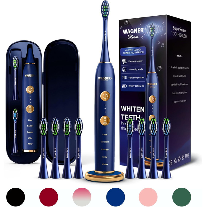 Електрична зубна щітка Wagner Stern WHITEN+ Edition з датчиком тиску, 5 режимів чищення, 3 інтенсивності, 8 насадок, синій колір