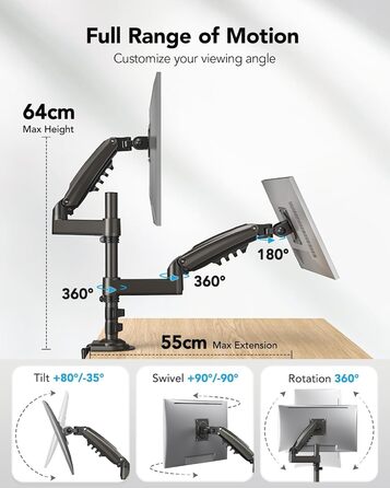 Кріплення для монітора HUANUO - 2 монітори, 13-32 дюйми, для геймінгу, регулювання висоти, настінна, VESA 75/100mm