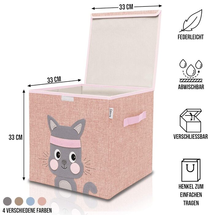 LIFENEY коробка для зберігання з кришкою, рожевий кошик для іграшок з котиком, органайзер для дитячої кімнати, сумісний з кубічними стелажами
