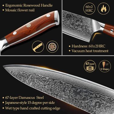 XINZUO 21cm Damascus Chef's Knife - 67 Layer Damascus Steel Gyuto Knife for Meat, Fish & Vegetables - Professional Handcrafted Kitchen Knife with Ergonomic Rosewood Handle