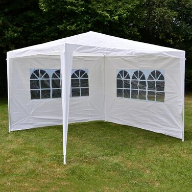 PE Pavilion Party Tent with 2 Side Panels for Garden, Terrace, Market, Camping, Festival as a Shelter and Canopy, Waterproof 3 x 3 m (White)