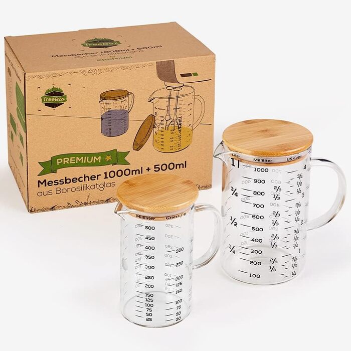 Premium Measuring Cups Glass - Measuring Cups 1L & 500ml - 2-Piece Set - Robust and Heat-Resistant Measuring Cup Set made of Borosilicate Glass with Bamboo Lid - Microwave Safe - For Baking & Mixing
