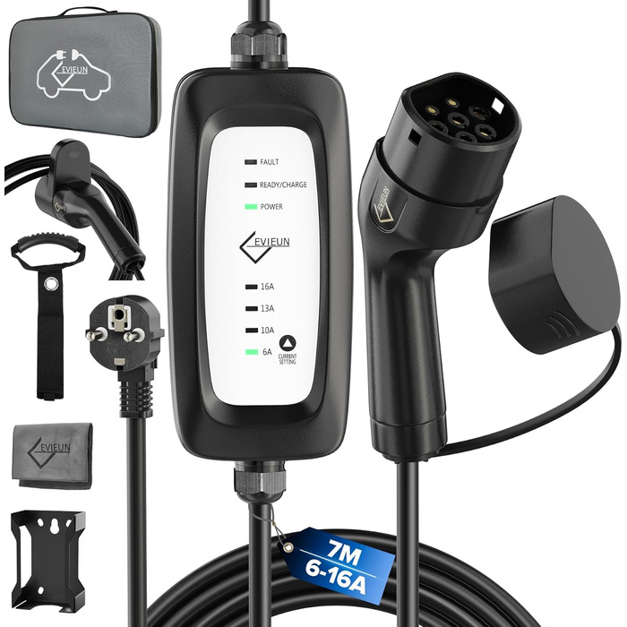 Кабель зарядки Schuko 3.6kW для електромобіля: 5м, 6-16A, IEC 62196-2 (ID.3, ID.4, Model 3, ZOE, Q3, Q5)