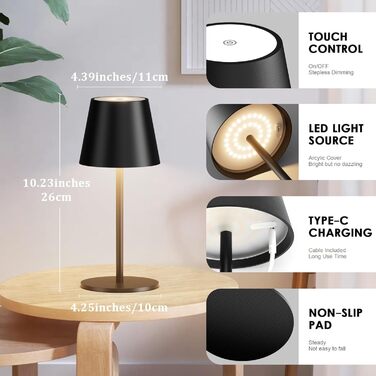 Світлодіодний акумуляторний настільний світильник 26 см, 5000mAh, IP54, чорний - кемпінговий ліхтар для ресторану, спальні, бару