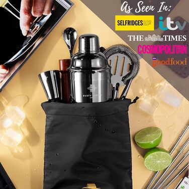 Rusty Barrel Knightsbridge Cocktail Set – Black Stainless Steel Shaker, Wooden Muddler, Bar Strainer, Jigger, Pourer, Coasters, Spoon & Recipe Booklet | Cocktail Accessories in a Luxurious Gift Box