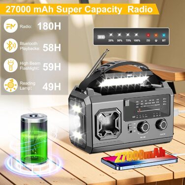 Радіо Kurbelradio на сонячній батареї 27000mAh з Bluetooth, FM/AM, SOS-сигналом, ліхтариком та компасом для кемпінгу та надзвичайних ситуацій, армійсько-зелений колір