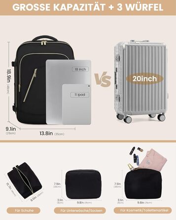 LOVEVOOK Рюкзак ручної поклажі, жіночий, для подорожей, з відділенням для ноутбука, чорний, 18 дюймів