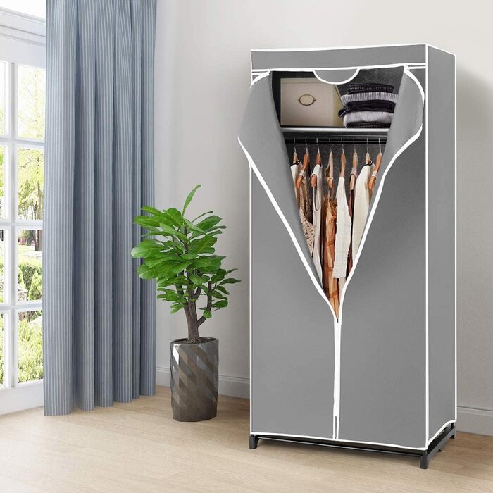 GIANTEX Clothes Closet Fabric Wardrobe with Clothes Rod & Shelf, Folding Wardrobe 74 x 50 x 172 cm, Clothes Rack Metal Frame with Dust Cover, for Bedroom Dressing Room (light grey)
