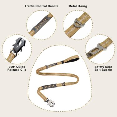 Міцна тактична повід для собак Raipult Bungee, 1,2-1,8 м, без ривка, з карабіном швидкого закриття, світловідбиваюча, амортизуюча, з кріпленням для автомобіля, Coyote Brown-Khaki L