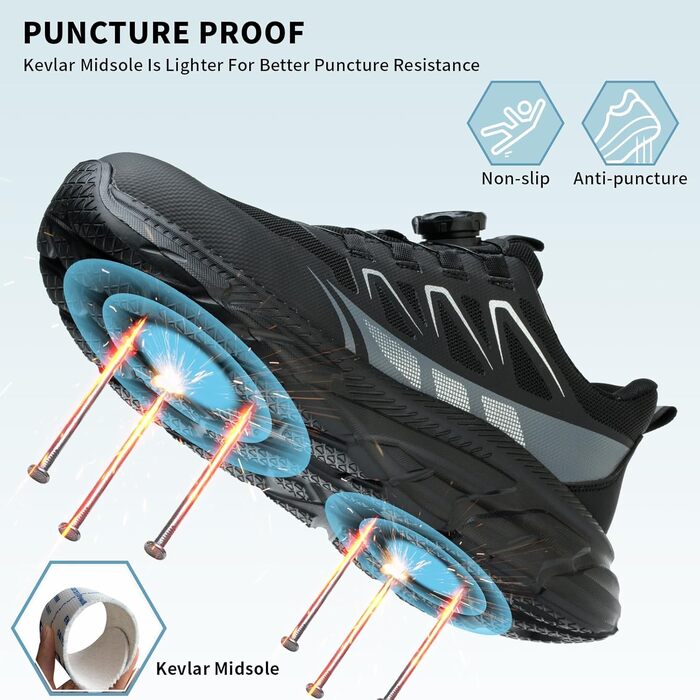 Черевики робочі чоловічі та жіночі спортивні, легкі, дихаючі, на шнурівці, з швидкою застібкою, з обертовим закриттям, з металевим підсилювачем, 44 EU, чорні