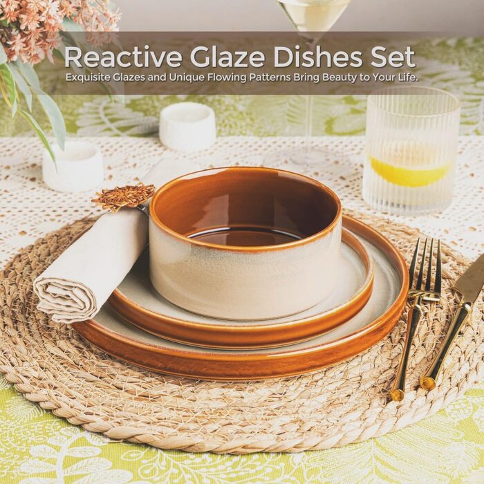 Набір керамічного посуду LERATIO для 4 осіб: тарілки та миски з реактивної глазурі, стійкий до сколів та тріщин, безпечний для миття в посудомийній машині, мікрохвильовій печі та духовці