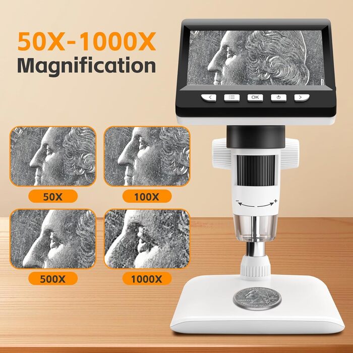 USB мікроскоп Misilmp з LCD екраном 4.3 дюйма, 1000x збільшення, 1080P, з LED підсвічуванням, для дітей та дорослих, сумісний з MacOS та Windows