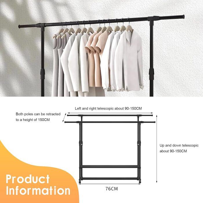 MONKLE - Clothes Rack, Garment Rack, Rolling Garment Rack, Stable Clothes Rack with 3 Storage Shelves, Extendable Double Clothes Rail