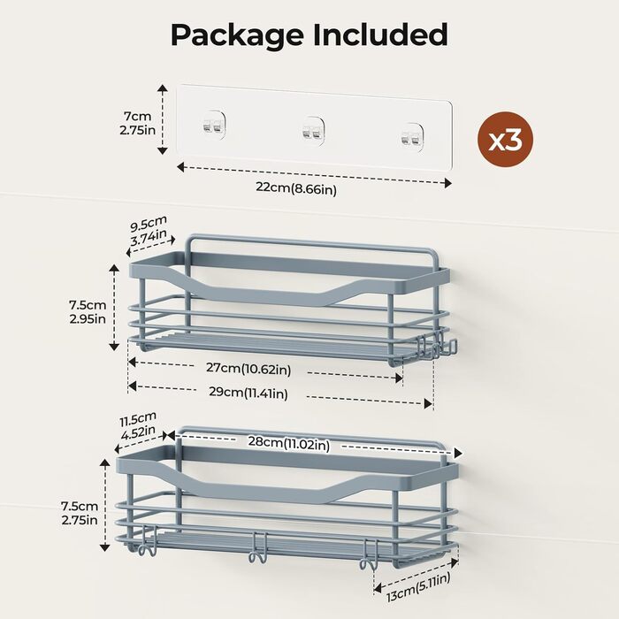 Набір душових корзинок Orimade з 5 гачками, 3 шт. (чорний, сірий) - без свердління, нержавіюча сталь SUS304