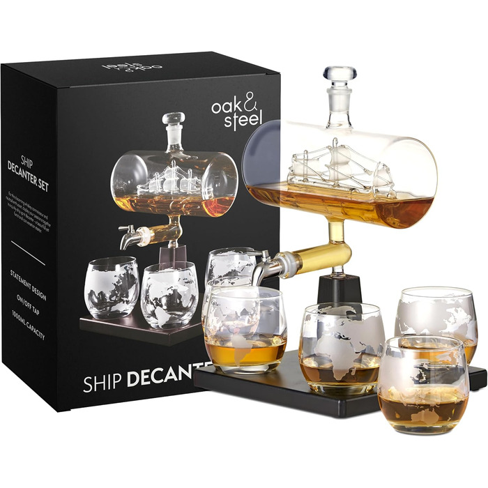 Oak & Steel - Whisky Decanter, Ship Carafe (1000ml) with Stainless Steel Spout & 4 Whisky Glasses - Valentine's Day, Birthday & Father's Day Gift Set for Men