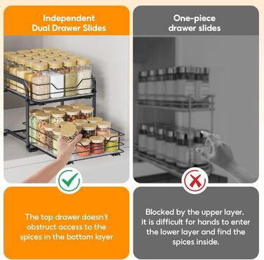 Висувна полиця для спецій на 2 яруси, регульована висота, органайзер для кухонної шафи. Висувна полиця для спецій з наклейками для кухні та робочої поверхні, розмір 26x23x23 см