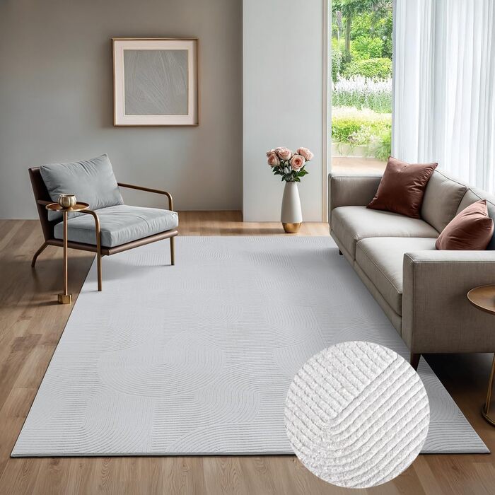 Килим Rio - сучасний та м'який килим для вітальні та спальні з антиковзким покриттям та 3D-ефектом, пухнаста поверхня, легкий у догляді та міцний, білий, 80 x 150 см