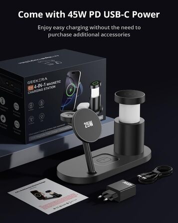 GEEKERA 25W Бездротова зарядка 4-в-1 MagSafe: для iPhone 17/16/15/14/13/12, Apple Watch (11-2), AirPods + Кабель + Блок живлення 45W (Чорний)