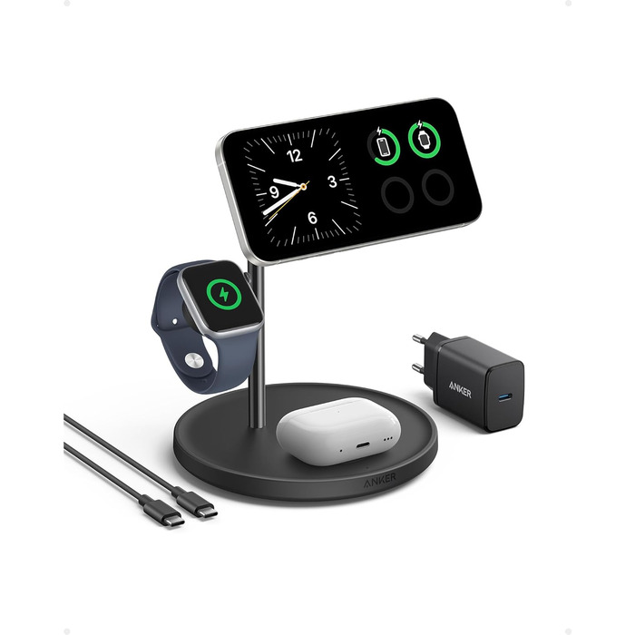 Anker MagGo 3-в-1 Бездротова Зарядка, 15W, MagSafe, Qi2, для iPhone 16/15/14/13, AirPods Pro, Apple Watch Ultra (з USB-C блоком живлення та кабелем), Чорний
