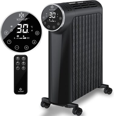 Електричний масляний радіатор KESSER 2500W з WiFi, дисплеєм, термостатом, таймером, сенсорним управлінням і захистом від перегріву, чорний