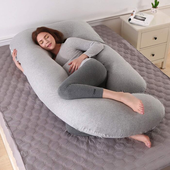 Mingfuxin Pregnancy Pillow, Large J-Shaped Full-Body Maternity Pillow with Removable Velvet Cover for Sleeping and Feeding (Knitted Cotton | Light Grey)
