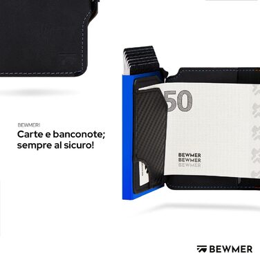 Картхолдер BEWMER 1 RFID захист, шкіряний гаманець для чоловіків та жінок, кліпса з карбону, чорний електросвітло-синій