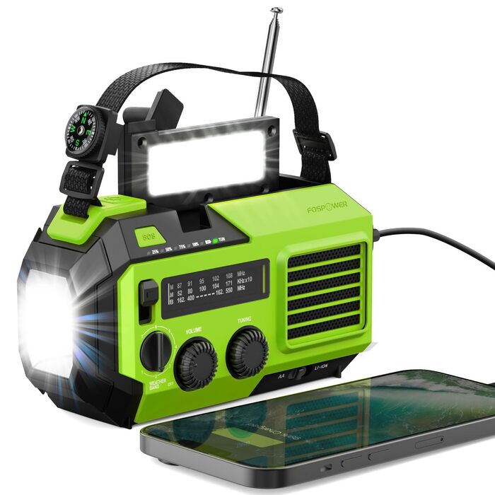 Радіоприймач FosPower NOAA/AM/FM з Power Bank 19240 мАг (5200 мАг) – сонячна/USB зарядка, ручний генератор, SOS-сигнал, ліхтарик, зелений